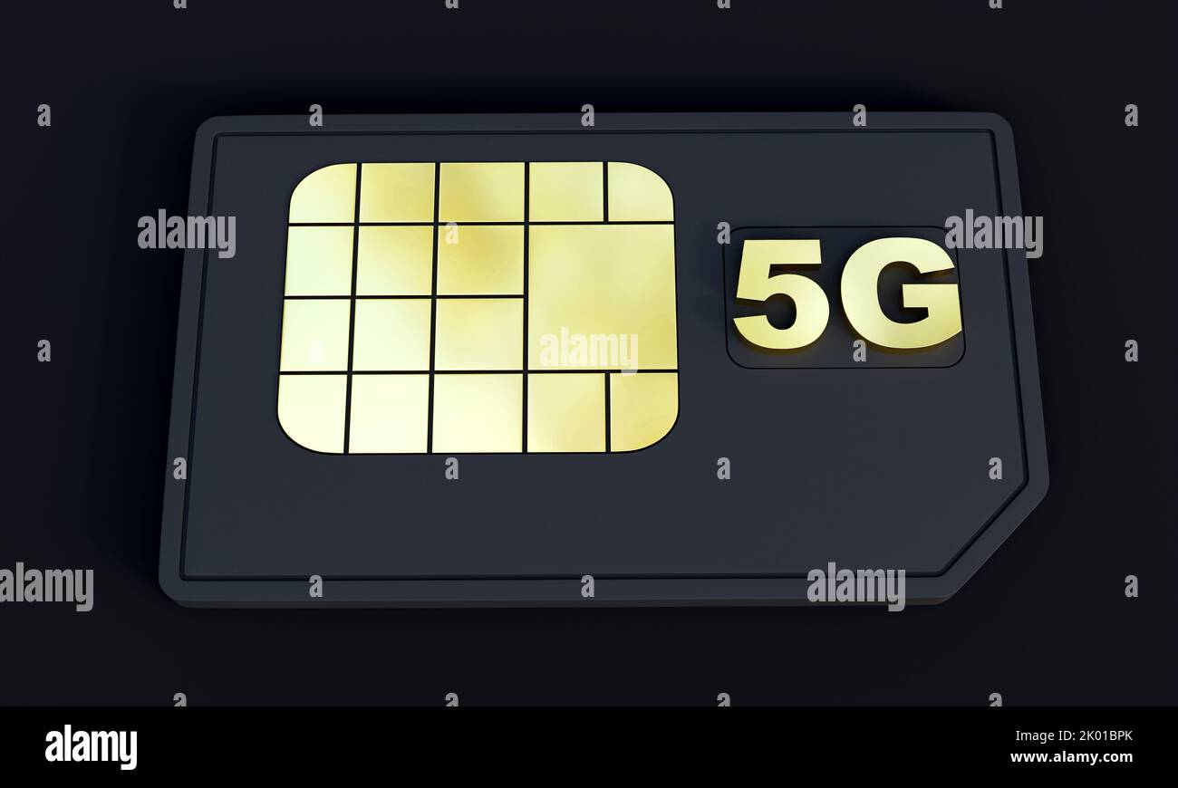 3D Rendering of 5G sim card isolated on dark background. Stock Photo