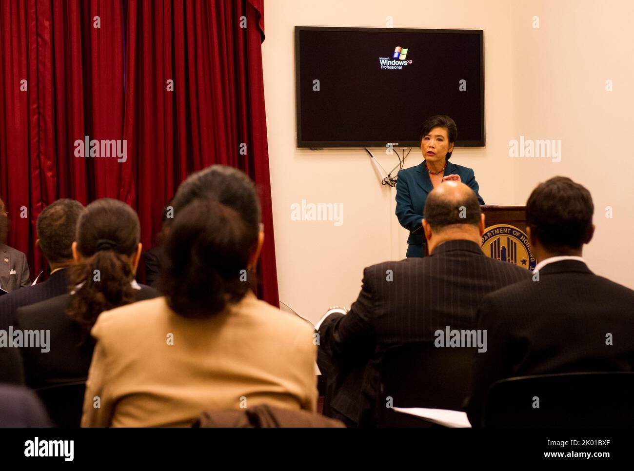 HUD Section 3 Business Registry Launch at the Rayburn Building, Washington, D.C., with HUD Assistant Secretary for Fair Housing and Equal Opportunity (FHEO) John Trasvina, FHEO Economic Opportunity Division Director Staci Gilliam, HUD Washington, D.C. Field Office Director Marvin Turner, D.C. Delegate to Congress Eleanor Holmes Norton, California Congresswomen Judy Chu and Maxine Waters, Missouri Congressman Emanuel Cleaver, Small Business Administration's Historically Underutilized Business Zone (HUBZone) Program Director Grande Lum, and D.C. Department of Housing and Community Development Di Stock Photo