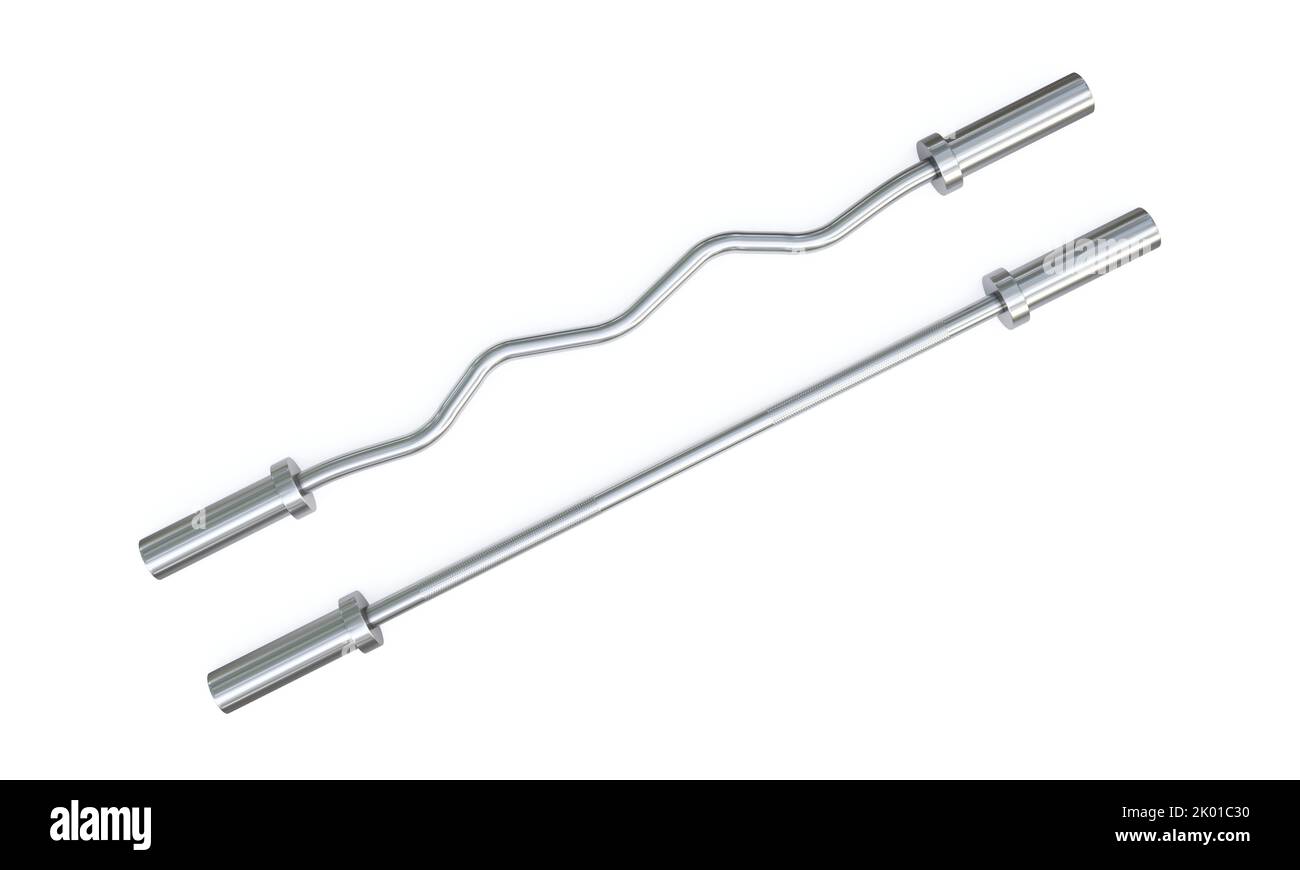 EZ and straight Curl bars isolated on white background, stainless steel