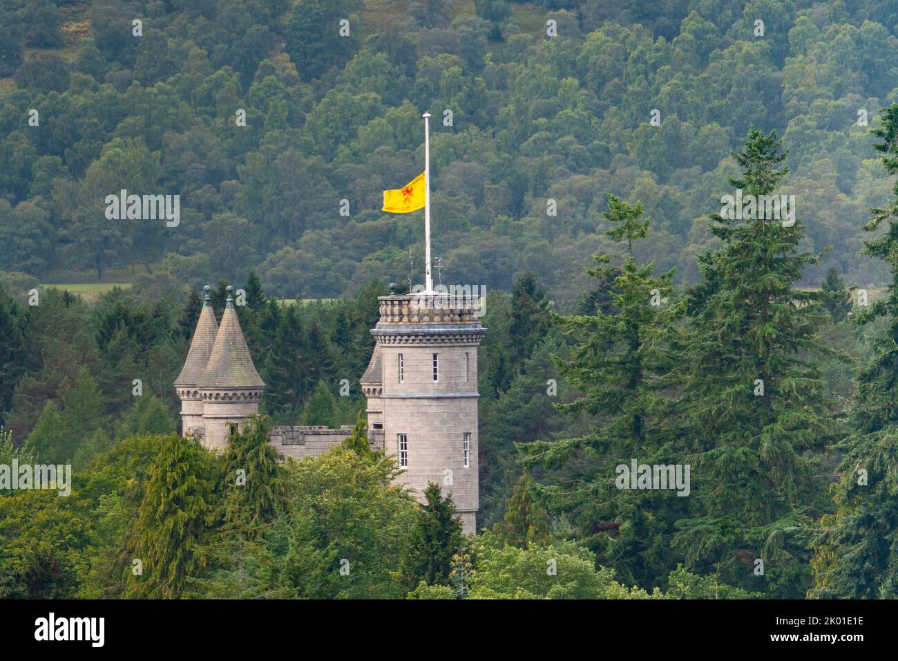 Balmoral, Scotland, UK. 9th September 2022. Royal Banner (lion rampant)  flag at half mast flying over Balmoral Castle today following  the death of HRH Queen Elizabeth II yesterday.  Iain Masterton/Alamy Live News Stock Photo