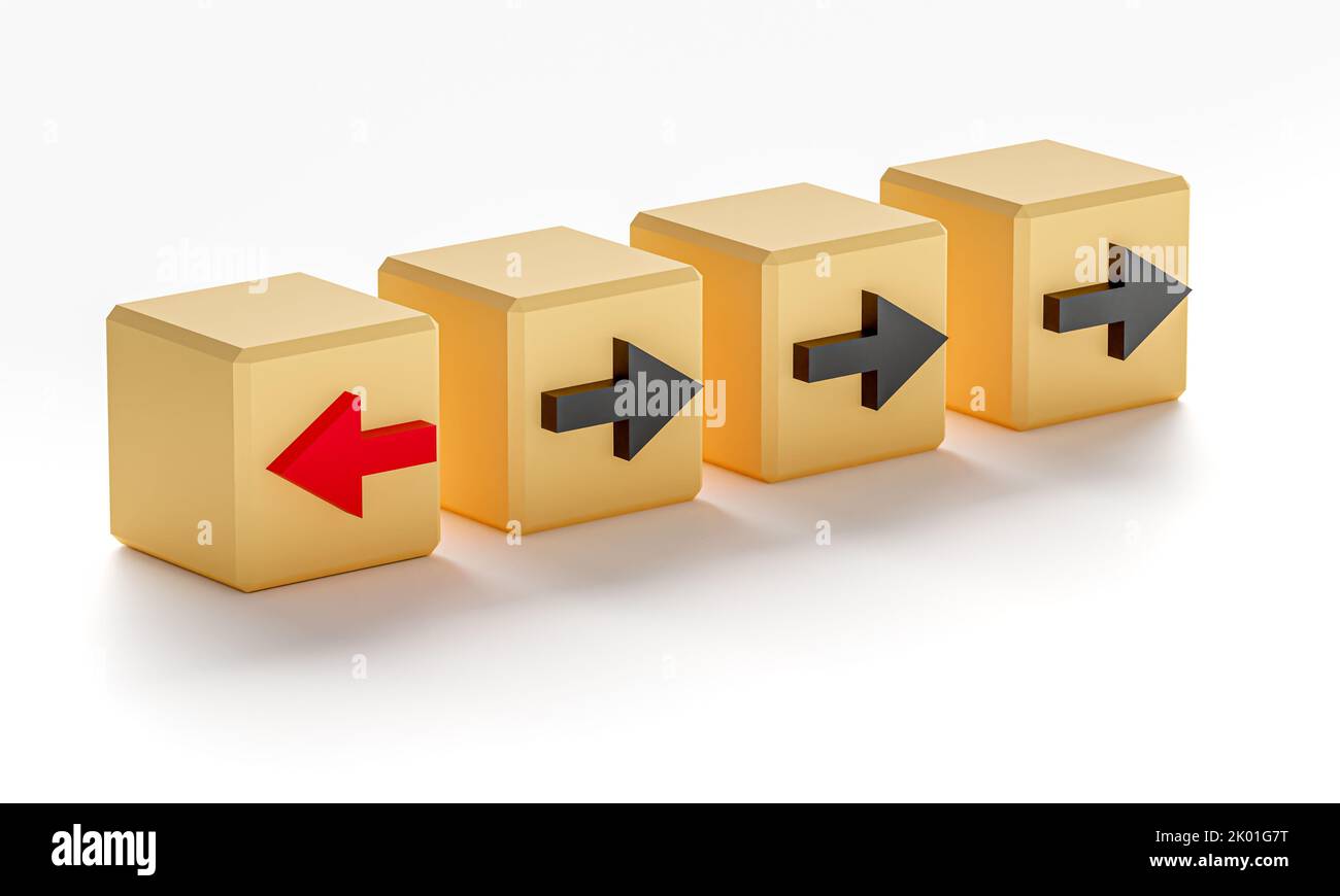 Concept of individuality. Cubes with arrows. One cube with a red arrow, the others with a black arrow. 3d rendering Stock Photo