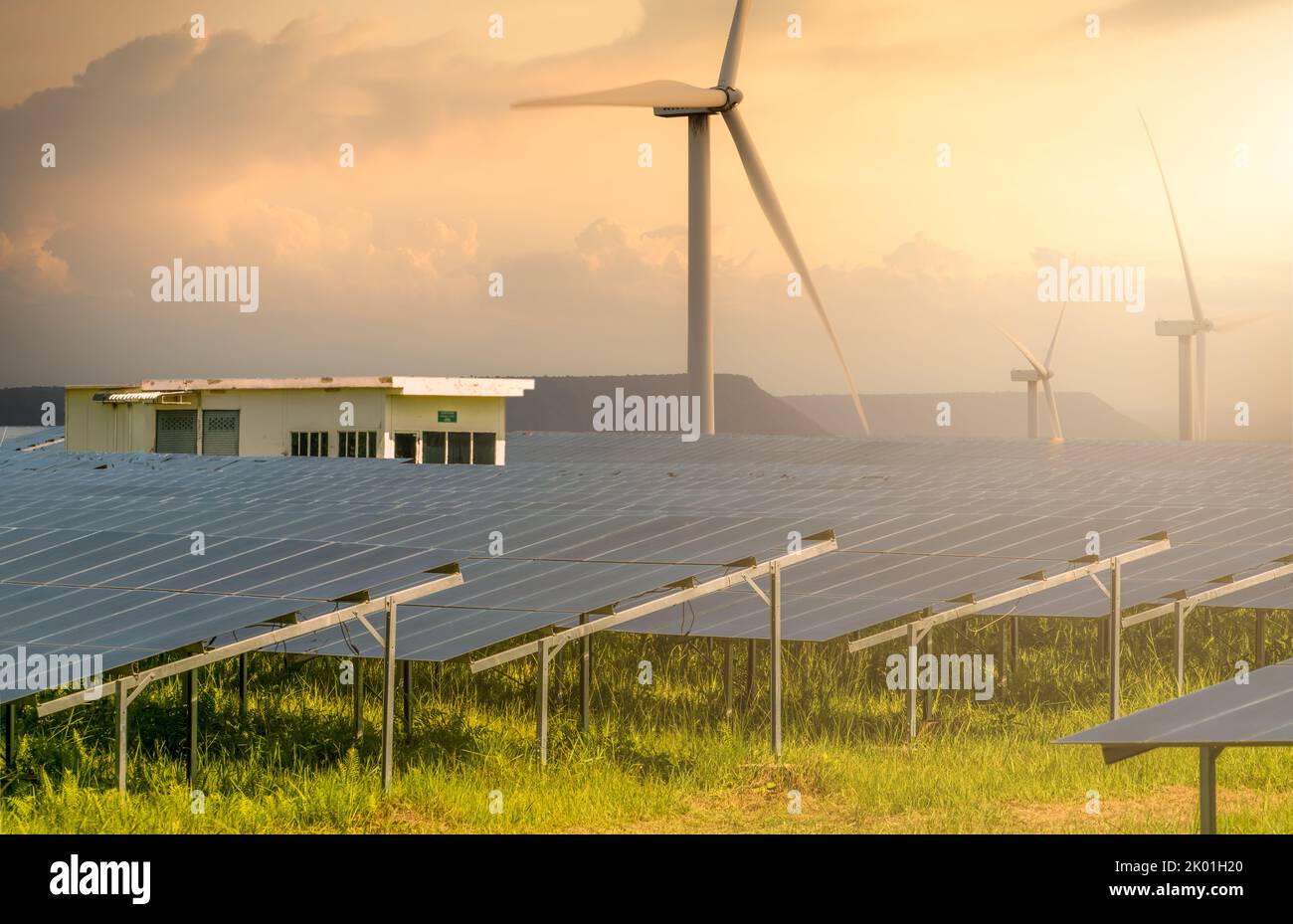 Sustainable energy. Solar and wind turbines farm. Sustainable resources. Solar, wind power. Renewable energy. Sustainable development. Photovoltaic Stock Photo