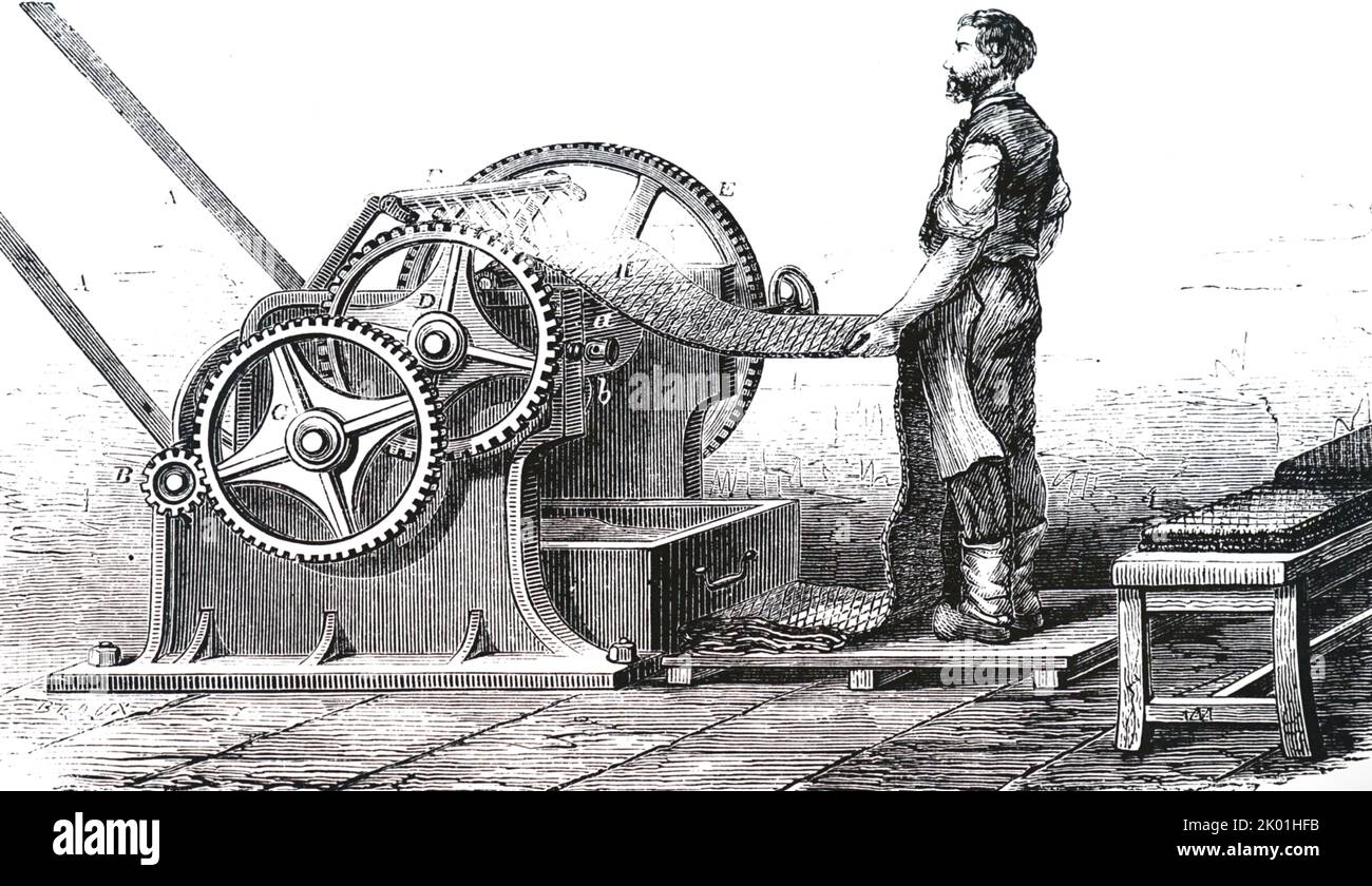 Breaking up strips of crude rubber for refining. From Louis Figuier Les ...
