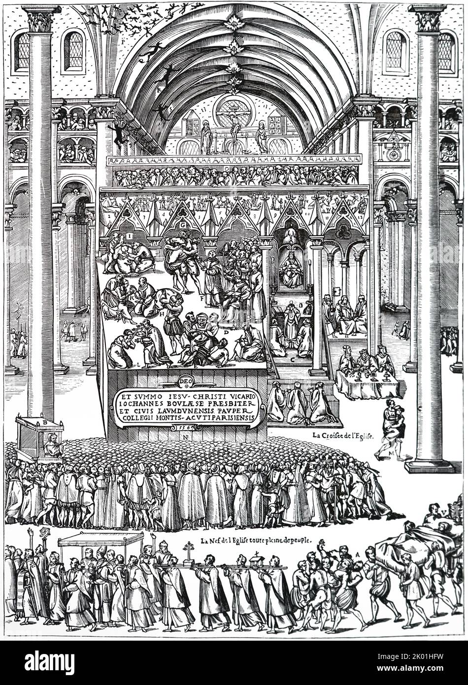 The exorcism of Nicole Aubry, Notre-Dame de Laon, 1556. Nicole was supposedly possessed of 29 demons, to be seen as black specks flying near the roof or the cathedral. The exorcism took nine days, creating much public interest in the process. Copy of print published in 1575. Stock Photo