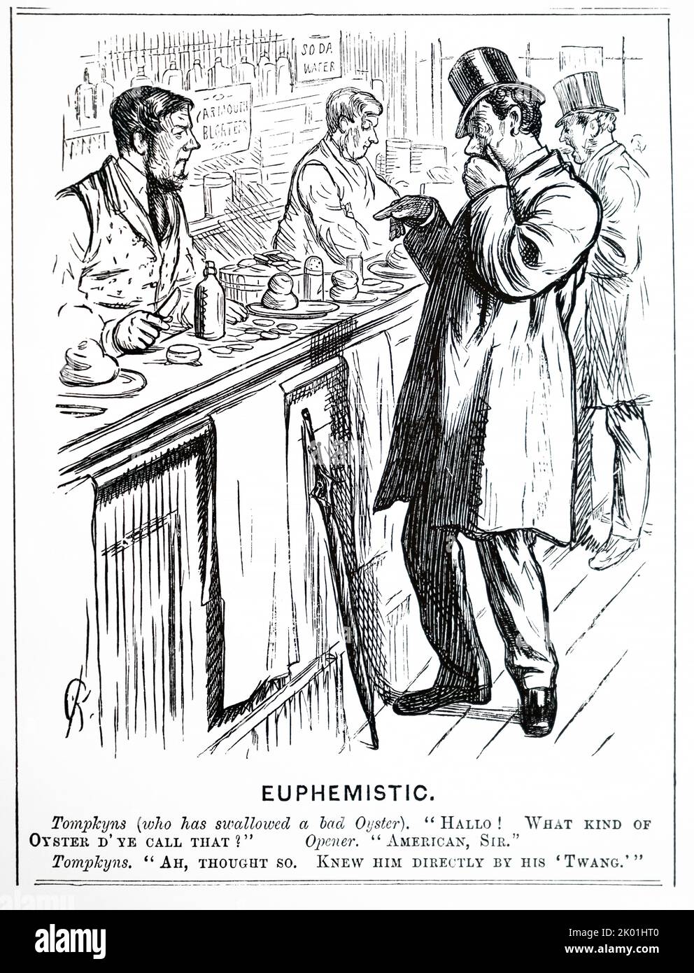 Food poisoning: a bad oyster. Illustration from Punch, London, 25 August 1874. Stock Photo