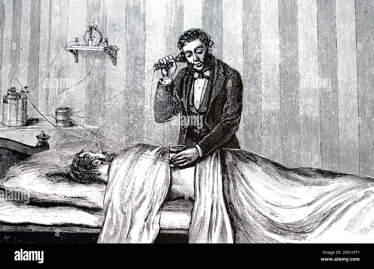 Surgeon searching for a bullet using an induction balance and earpiece containing a Hughes microphone. Apparatus contrived by David Edward Hughes (1830-1900). From The World of Wonders, Cassel & Co, London, 1896. Stock Photo