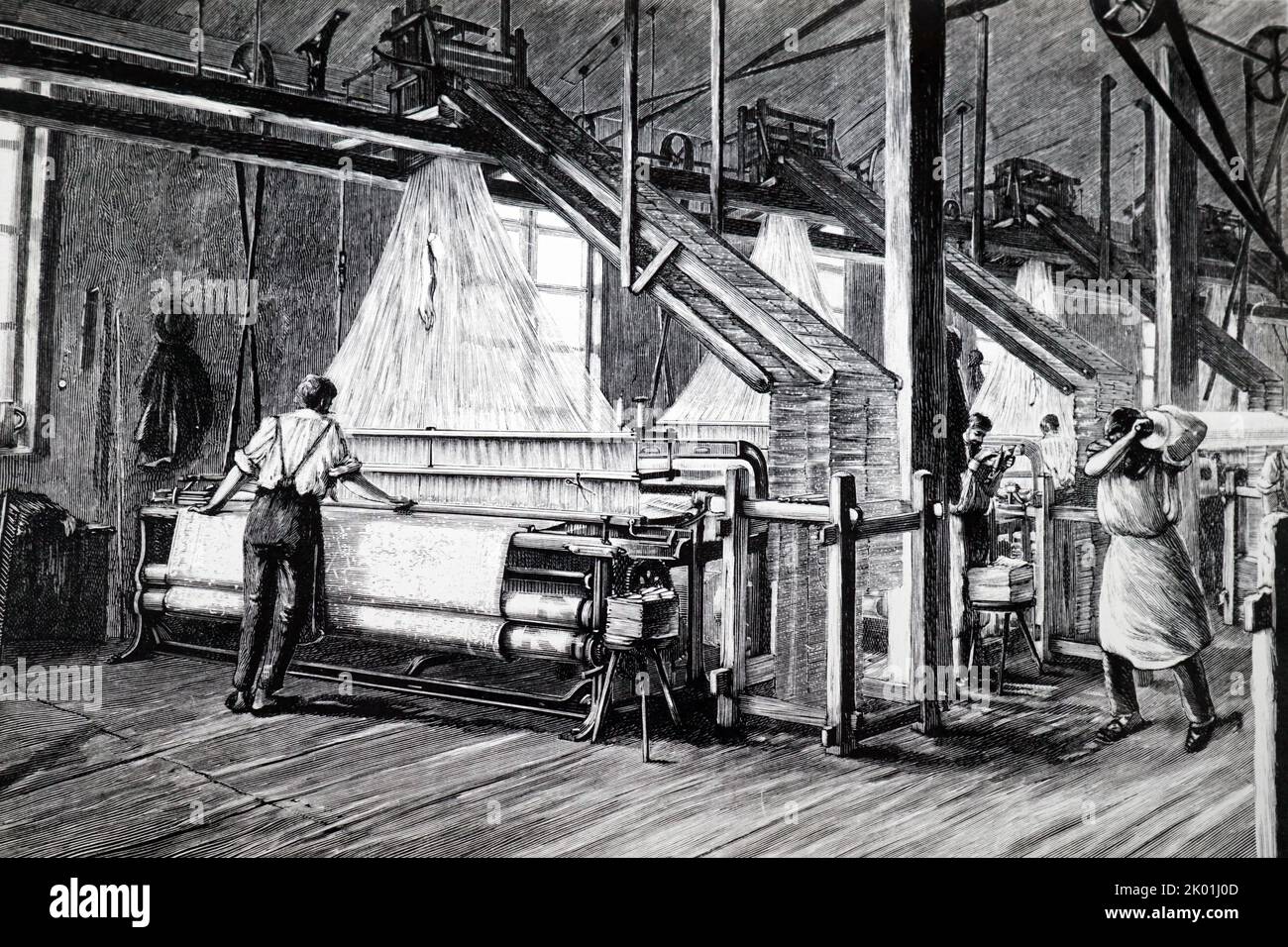 Weaving shed fitted with Jacquard looms, showing the loops of punched cards which carried the pattern. From Le Journal de la Jeunesse, Paris, 1891. Stock Photo