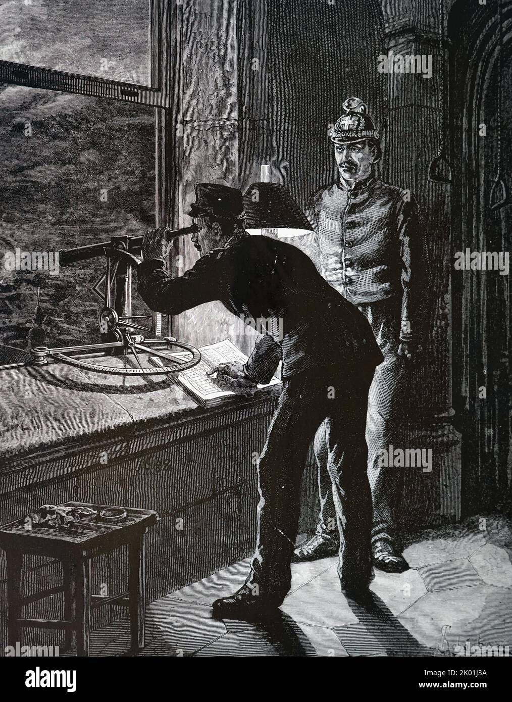 Fire-watches in Vienna using a telescope mounted so that the location of a fire could be determined accurately by means of the position of a needle in the divided scale on a map of the city. From The Illustrated London News, 31 May 1884. Stock Photo
