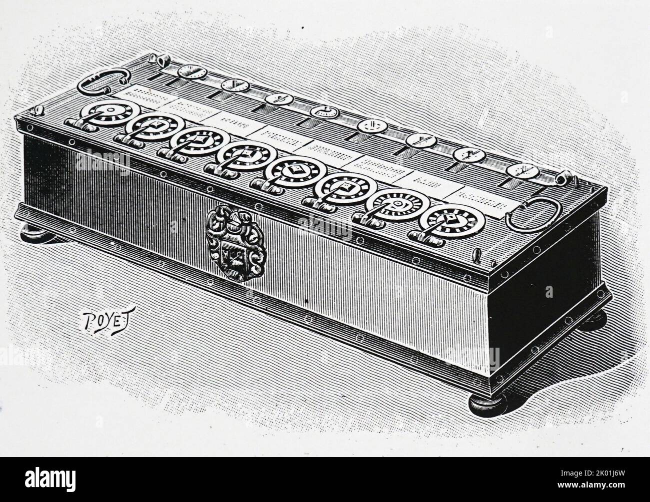 Adding machine designed by Blaise Pascal in 1642 when he was 19 years-old. From La Nature, Paris, 1904. Stock Photo