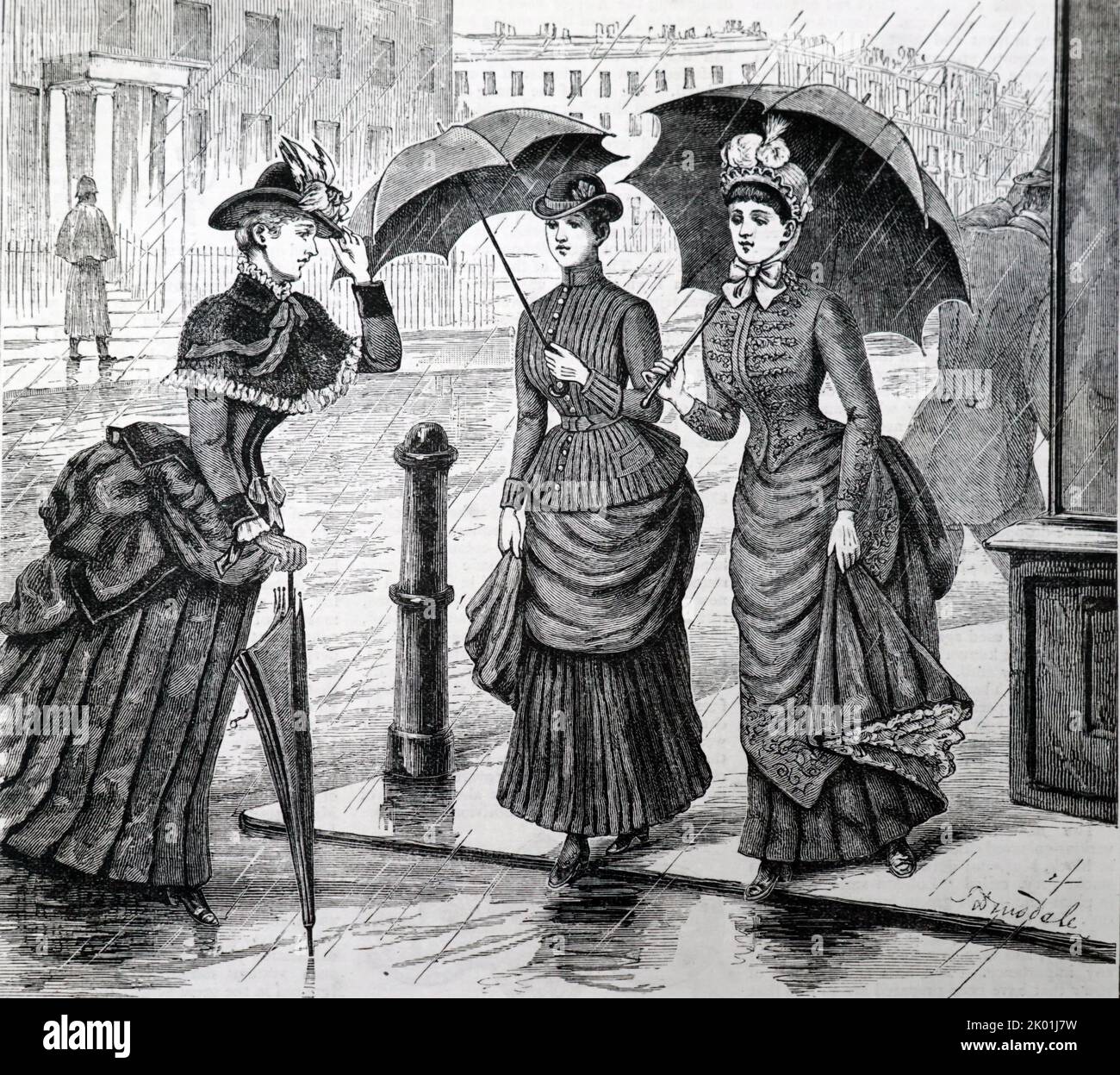 Whalebone: Well-corseted young ladies using umbrellas in an April shower. Both the corsets giving their figures the fashionable shape and their umbrellas contained whalebone. The Girl's Own Paper, London, 6 September 1884. Stock Photo