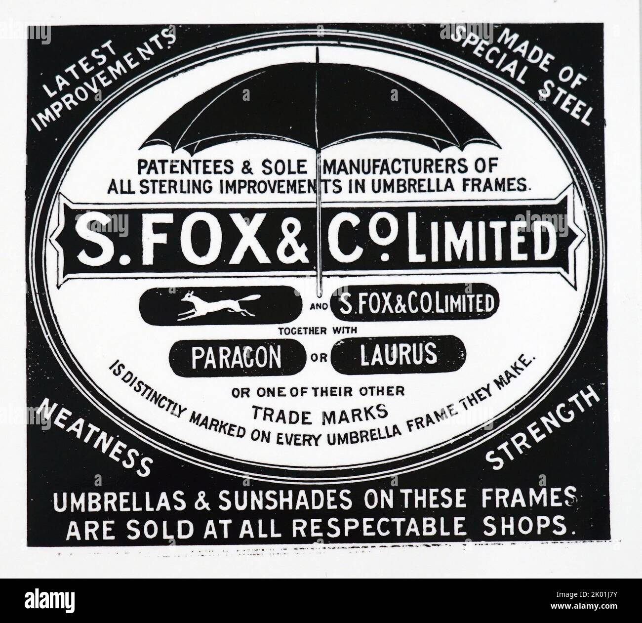 Advertisement for Fox's umbrella frames. Before the introduction of metal spokes, whalebone was used. From The Illustrated London News, 23 December 1893. Stock Photo