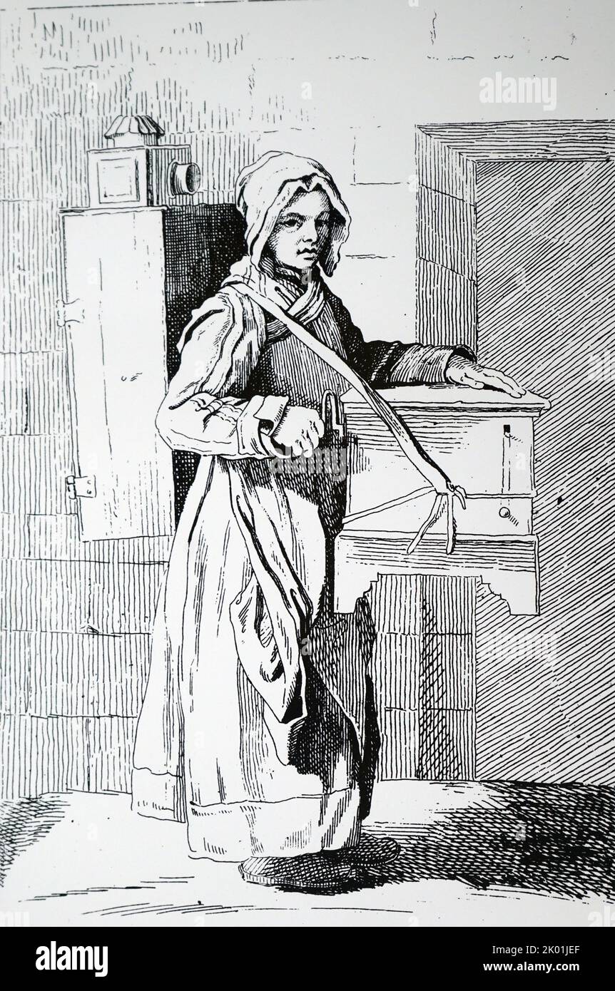 Itinerant organ grinder and magic lantern girl. From Bouchardon Cris de Paris, 1737-42. Stock Photo
