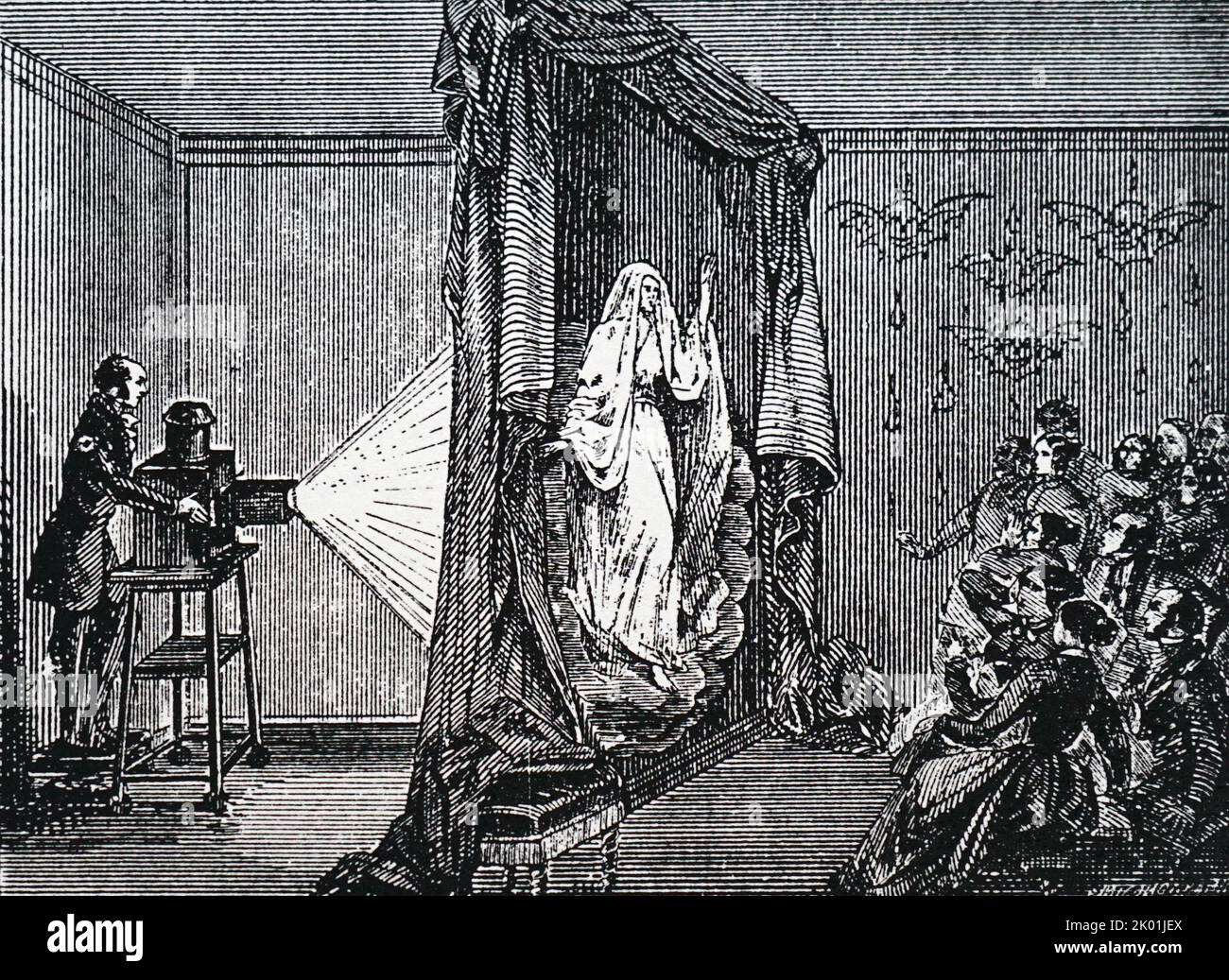 Phantasmogoria or magic lantern show. Lantern used differs little from Kircher's in the 17th century, consisting of box with lamp placed at focus of concave mirror. Here the apparatus is mounted on a wheeled trolley, so that the operator behind the screen can alter the size of the image seen by the audience. Stock Photo