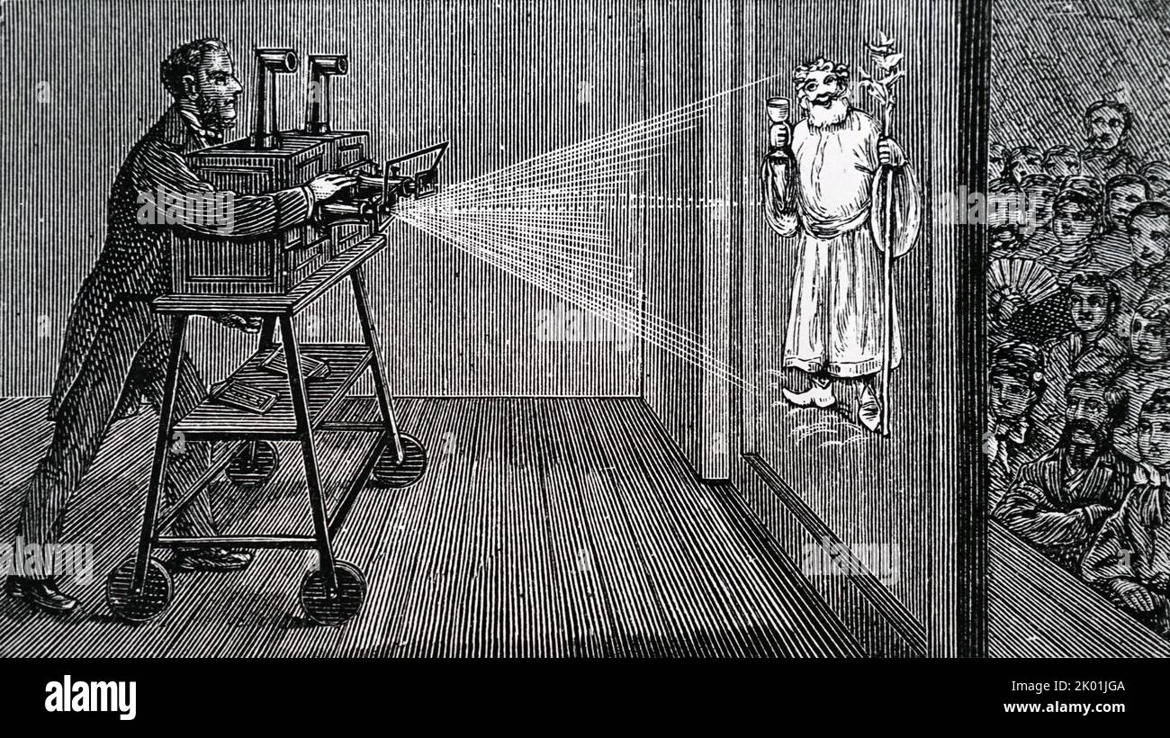 A magic lantern show. The lanterns used differ little from Kircher's in the 17th century, consisting of box with lamp placed at focus of concave mirror. Reflected light falls on condensing lens which concentrates it on a slide. Here two lanterns are being used to give dissolving views. The apparatus is mounted on a wheeled trolley, so that the operator behind the screen can alter the size of the image seen by the audience. From A Ganot Natural Philosophy, London, 1887. Stock Photo
