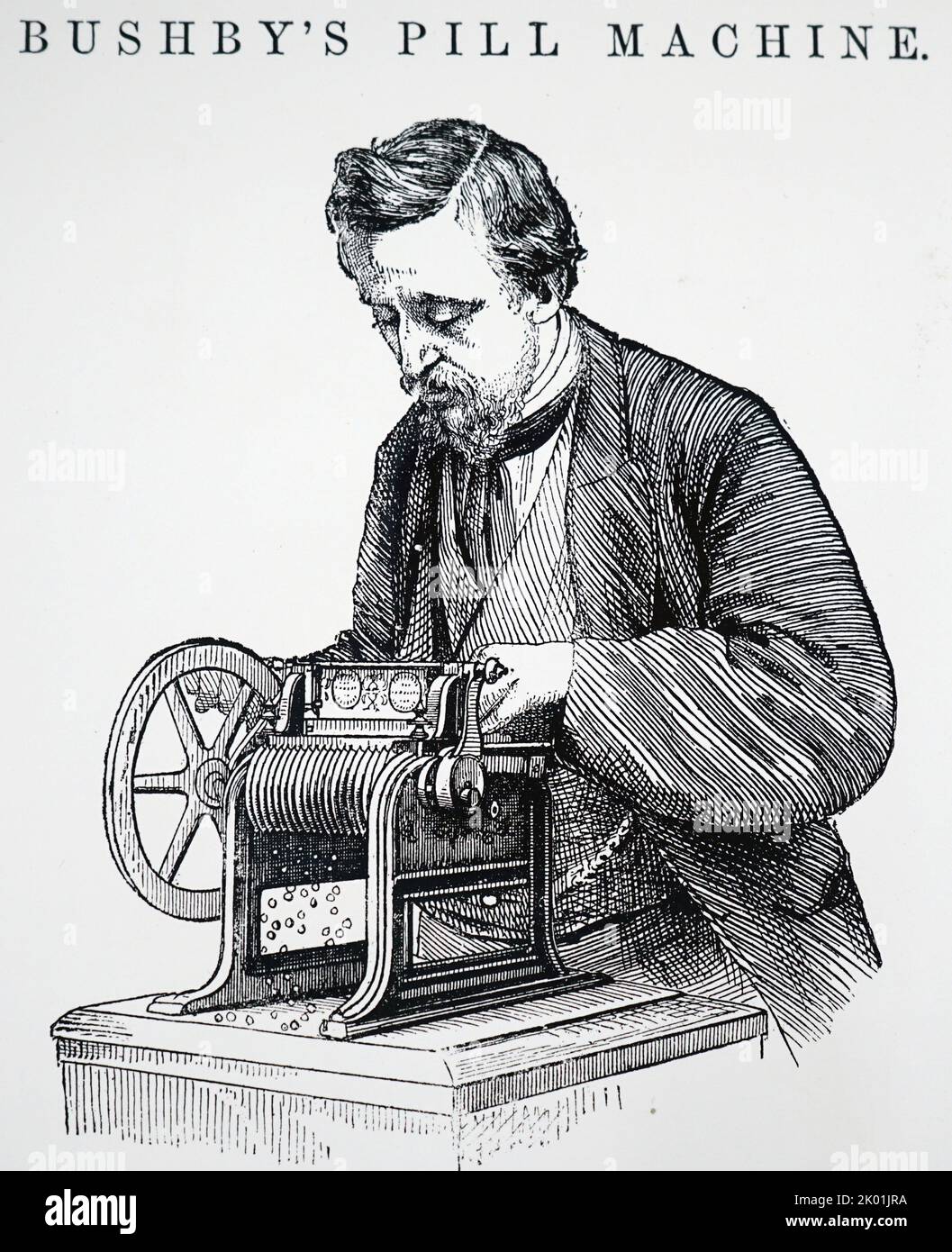 The first really successful pill making machine with a delivery of 1,000 pills a minute. Designed by Mr Busby, a practical chemist. Stock Photo