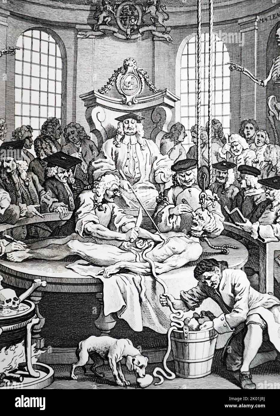 The Reward of Cruelty. The last of Hogarth's four plates entitled The Four Stages of Cruelty. After execution, the murderer's body was taken to Surgeon's Hall, and is shown here being dissected under the President's gaze. Engraving 1751. Stock Photo