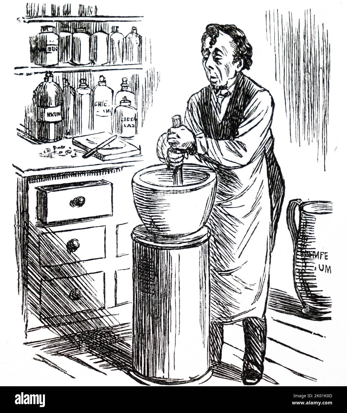 The Apothecary (Disraeli) mixing the (election) pill in a pestel and mortar. 1880. Stock Photo