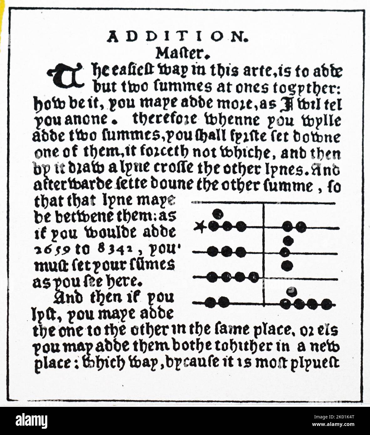 A facsimile page from Robert Recorde, 'Ground of Artes'. This reduced page from 1558 shows the first step in the addition of 2569 and 8342. Stock Photo