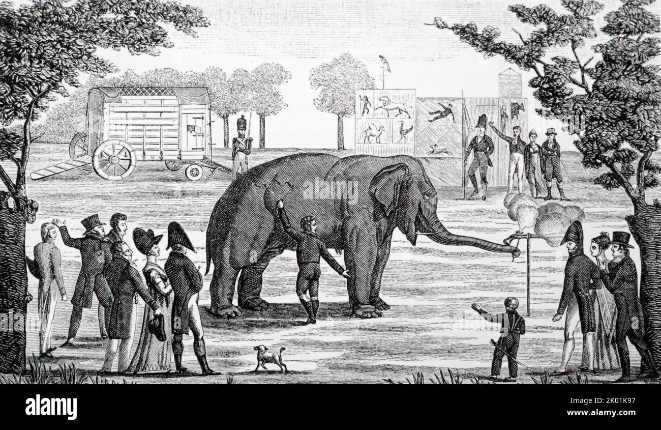 The elephant Baba in the Tivoli Gardens firing a pistol. From Lacroix Directoire, Consulat et Empire, 1795-1815. Paris, 1894. Stock Photo