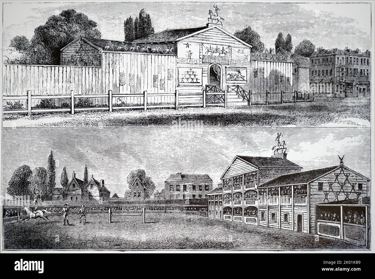 Facade and ring of Philip Astley's riding school between Blackfriars