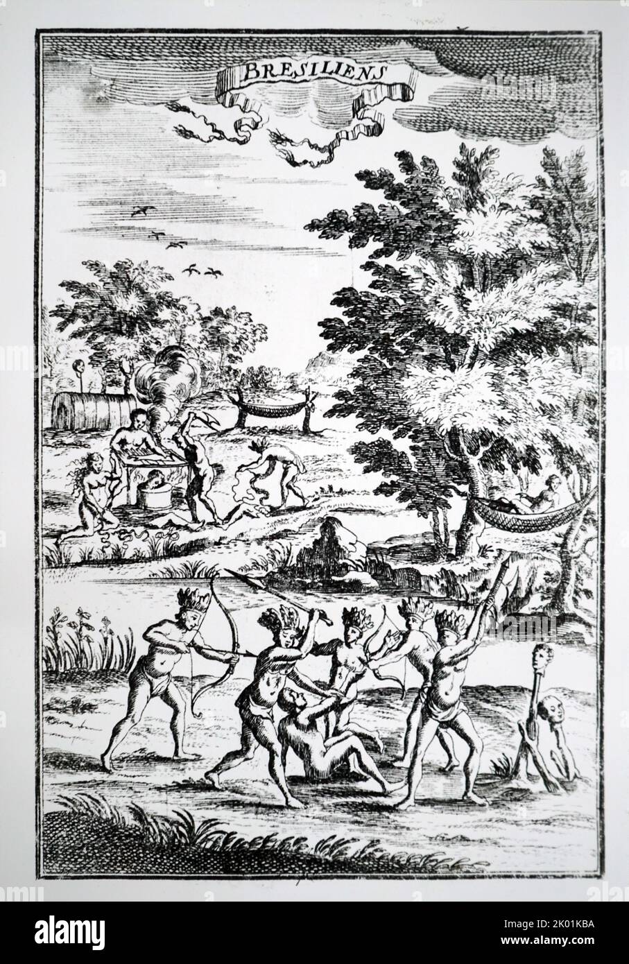 Natives of Brazil attacking an enemy. From Allain Manessen Mallet Description de l'Universe, Frankfort-en-Main, 1686. Stock Photo