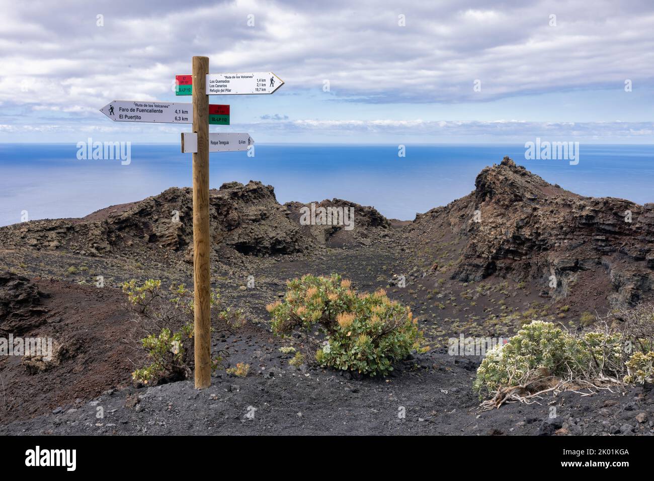Signpost in volcano landscape near Fuencaliente at La Palma, Canary Islands, Spain Stock Photo
