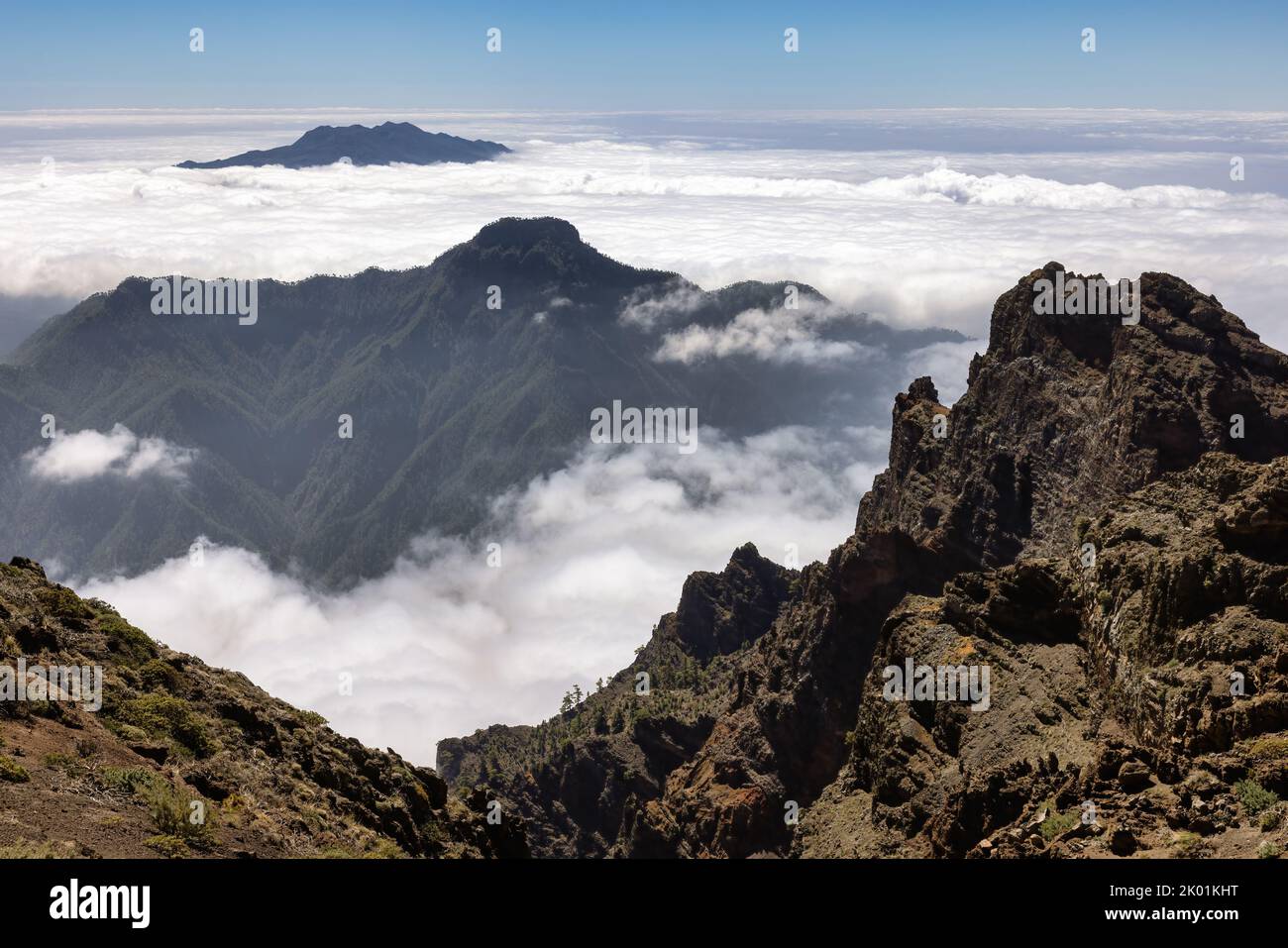 Aerial view at mountains and cloudscape from Roque de Los Muchachos, La Palma, Canary Islands, Stock Photo