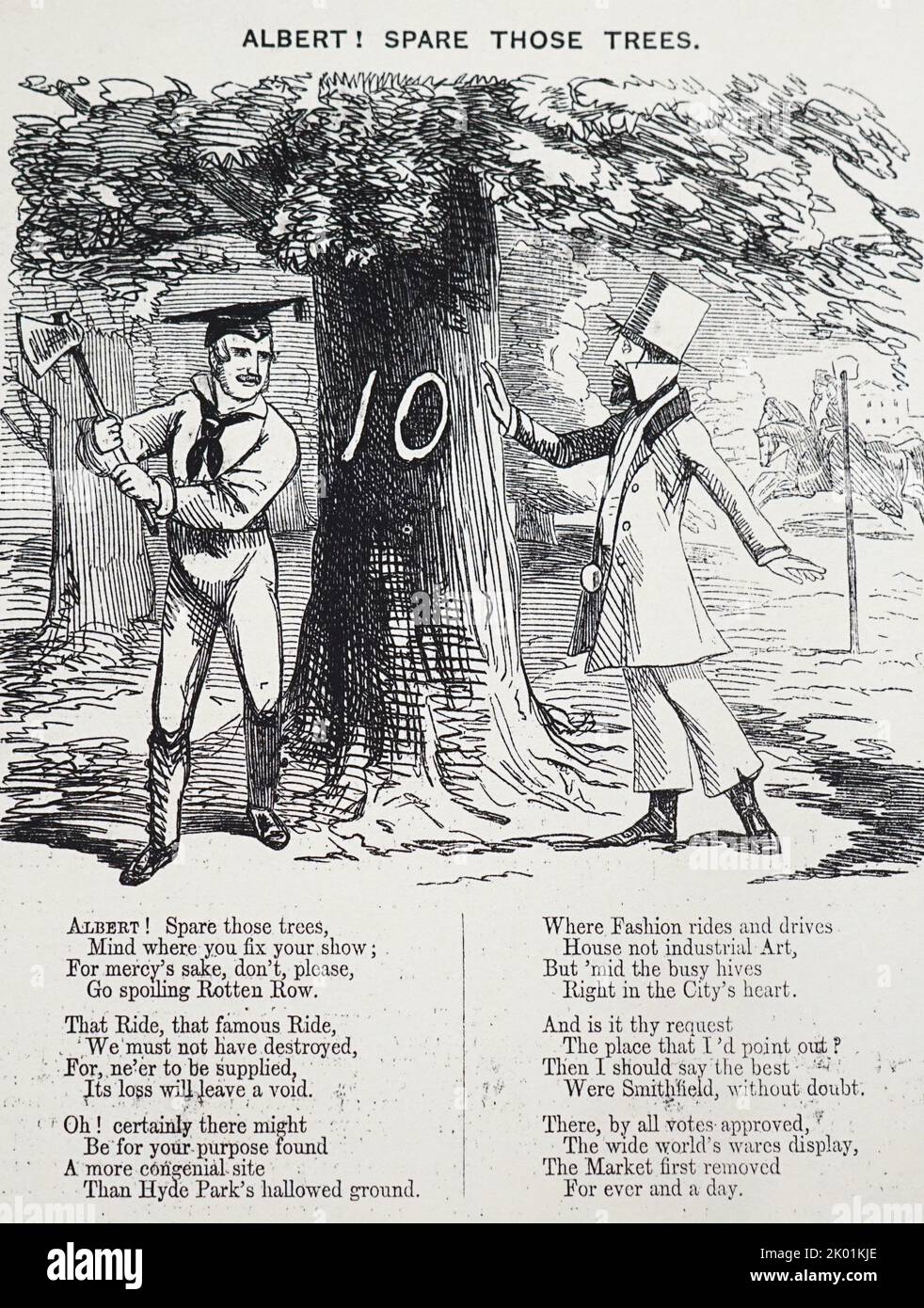 Prince Albert being urged to think before felling trees in Hyde Park to make way for the Crystal Palace and the Great Exhibition of 1851. From Punch, London, 1850. Stock Photo