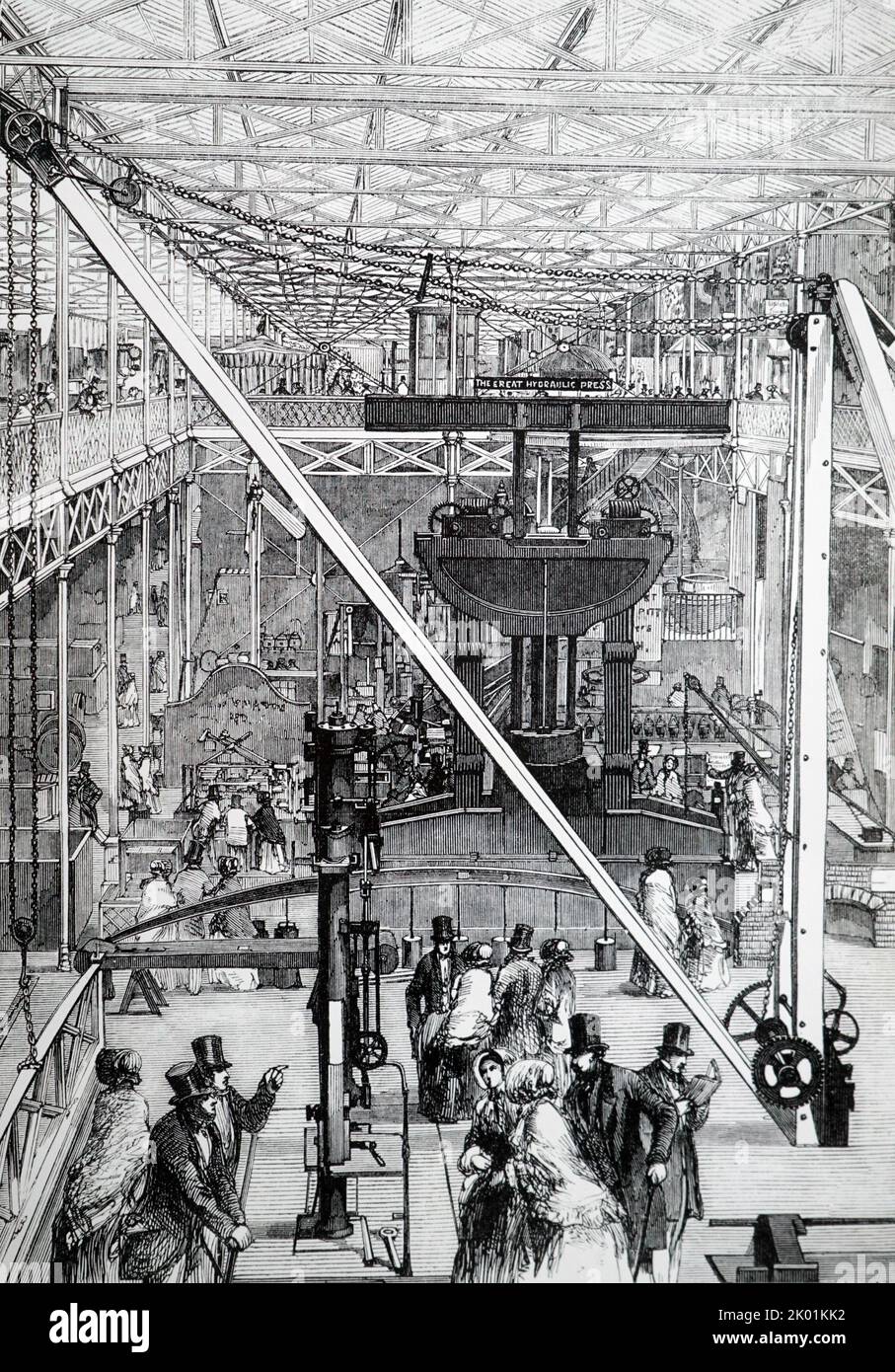 Machinery Court at the Great Exhibition, Crystal Palace, with the hydraulic press for raising the tubes of the Britannia Bridge in pride of place. Stock Photo