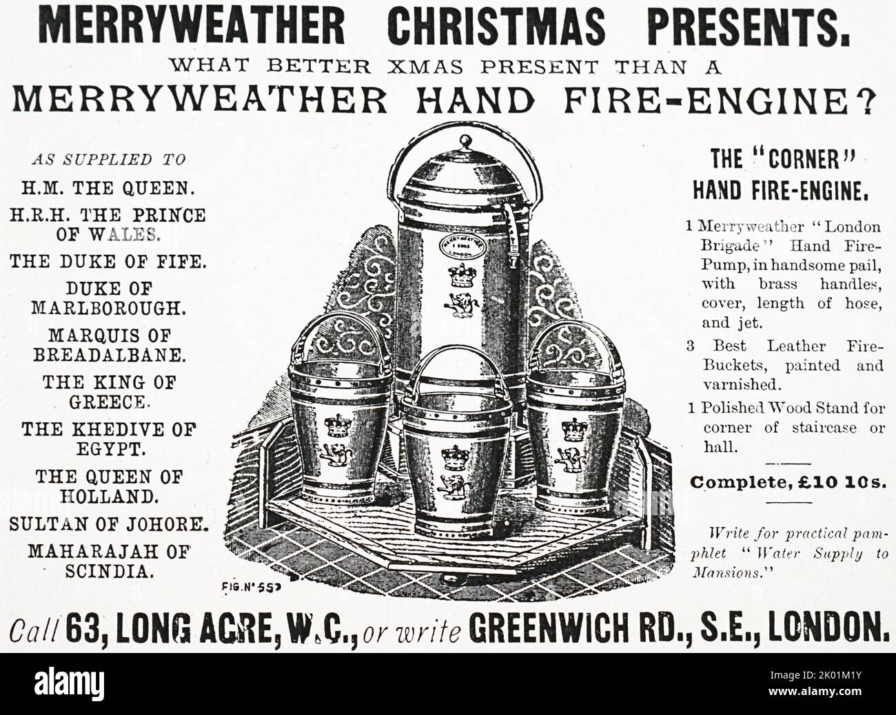 Late 19th century magazine advertisement for home fire extinguishers and buckets. Stock Photo