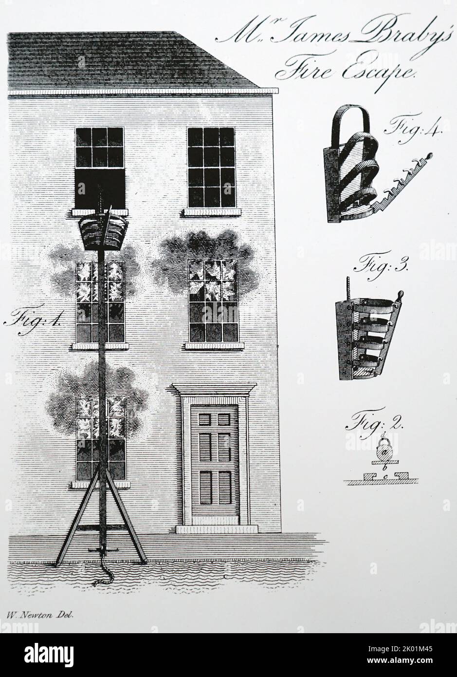 James Braby's fire escape using a special cage which could be moved up and down a vertical pole by a rope operated from the ground. Stock Photo