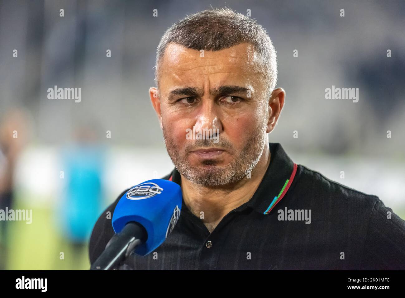 Baku, Azerbaijan – August 3, 2022. Qarabag coach Gurban Gurbanov after UEFA Champions League qualification match Qarabag vs Ferencvaros (1-1). Stock Photo