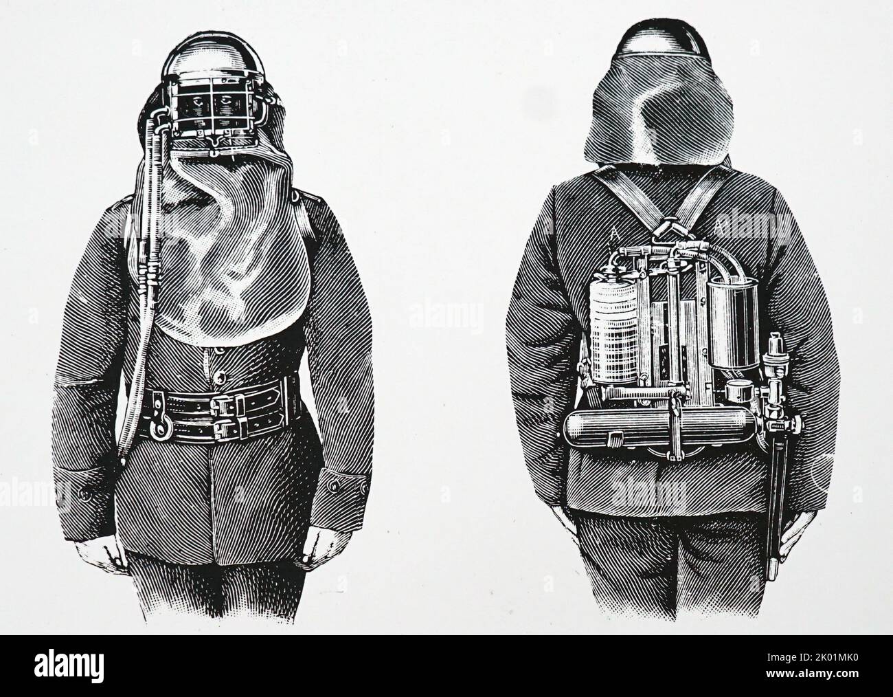 Front and rear views of fireman wearing Giersberg's oxygen respirator. Paris, 1904. Stock Photo