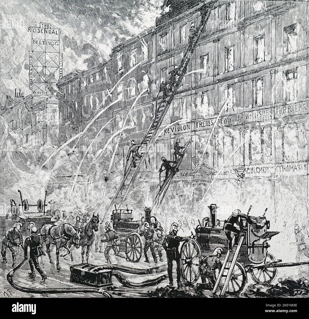 Firemen fighting a fire in Victoria Street, London, 1890. The Metropolitan Fire Brigade, under the direction of Captain Shaw, used 23 steam fire engines. Stock Photo