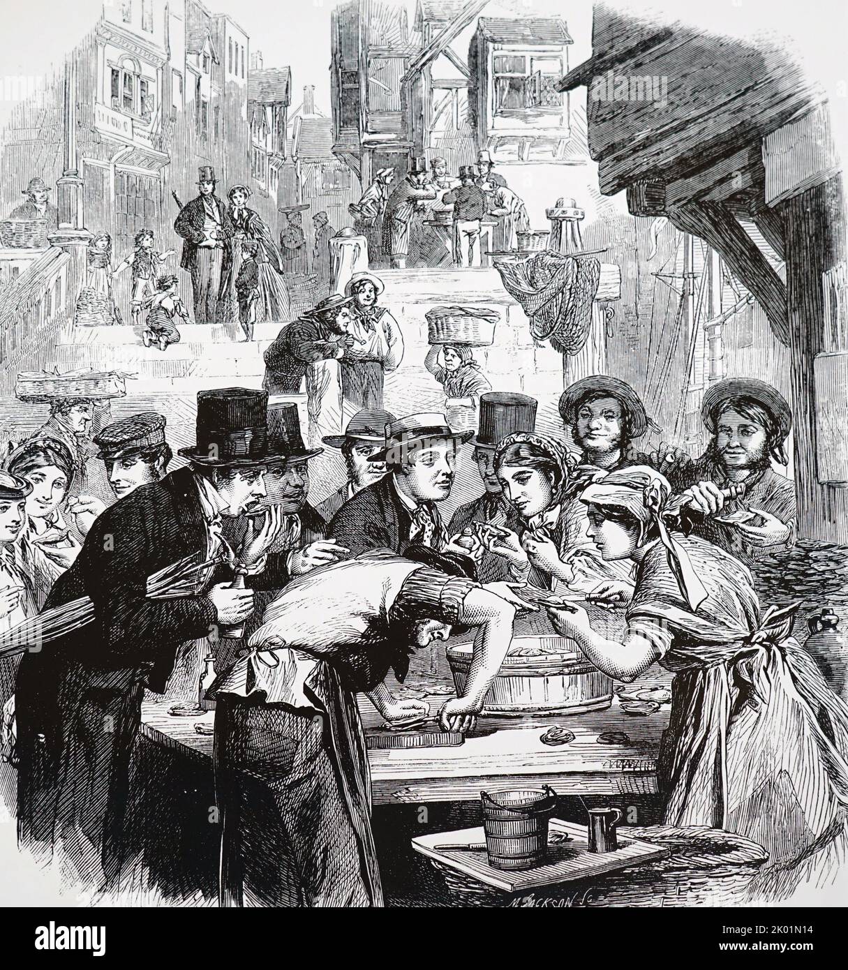 An oyster stall in a London street, 5 August, 1861 - the first day oysters could be legally sold. Stock Photo
