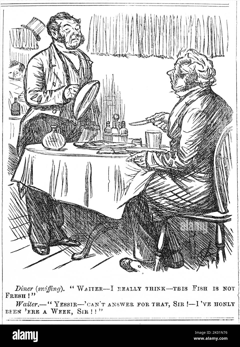 Punch's comment on the condition of food often served in London eating houses. Stock Photo