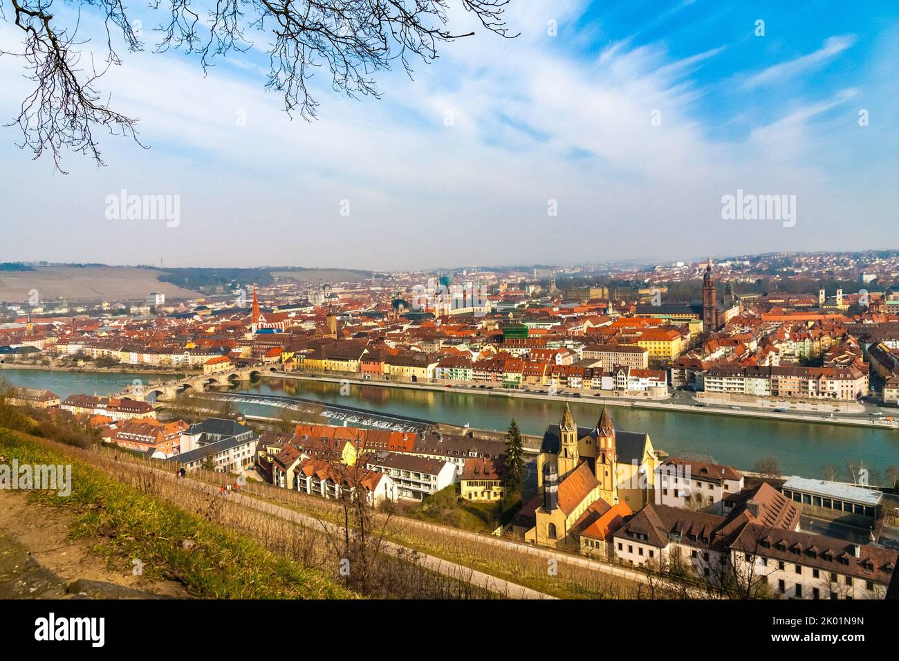 Panoramic view from the Marienberg Fortress of Würzburg's famous landmarks, like the bridge Alte Mainbrücke, the Marienkapelle, the Neumünster... Stock Photo