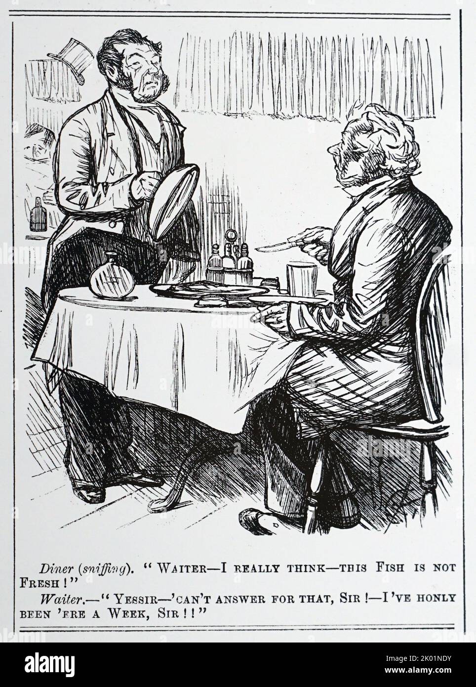 Punch's comment on the condition of food often served in London eating houses. Stock Photo