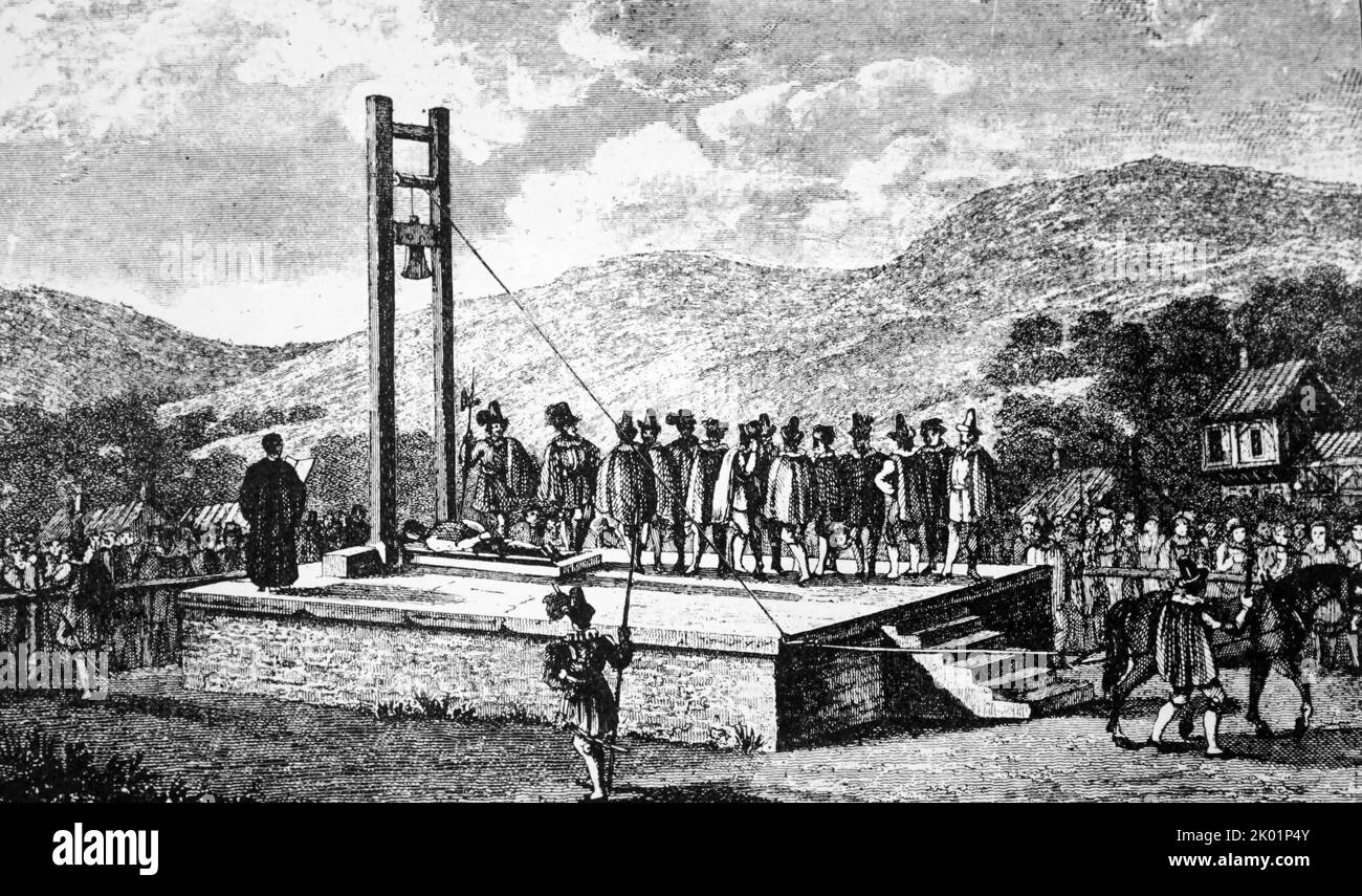 Halifax gibbet. A form of guillotine used for executions in the Yorkshire town of Halifax during the 17th century. Stock Photo