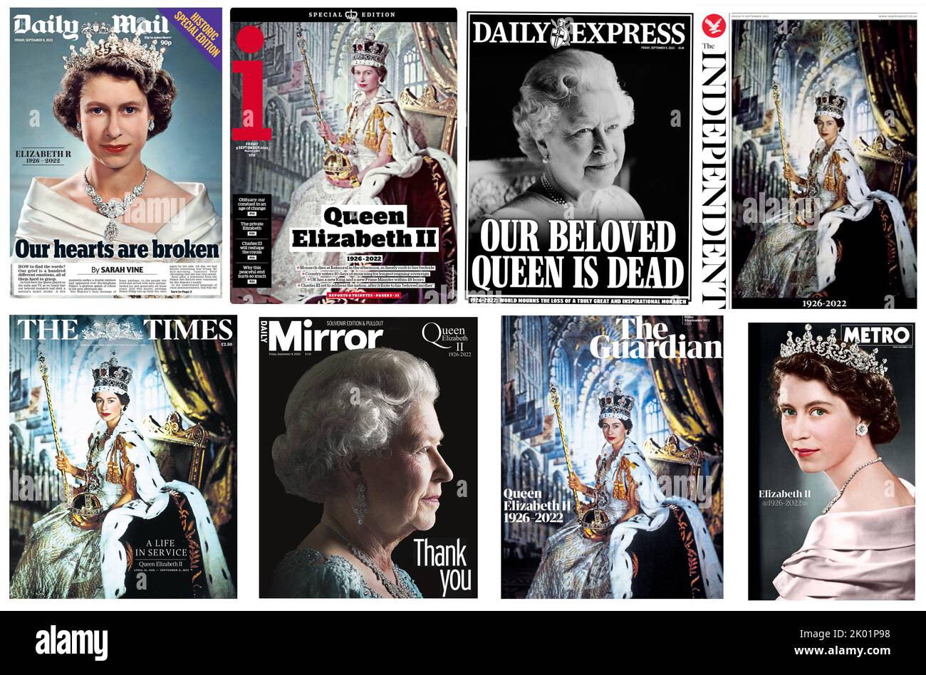 U.K. newspapers marking the passing of Queen Elizabeth II on September 8th, 2022. The papers shown were published a day later on September 9th. Stock Photo