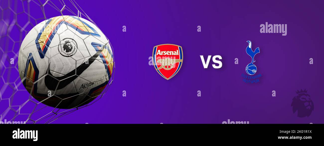 Guilherand-Granges, France - September 09. Premier League of England. Soccer ball in net with official logo of the Premier League. Match : Arsenal FC Stock Photo