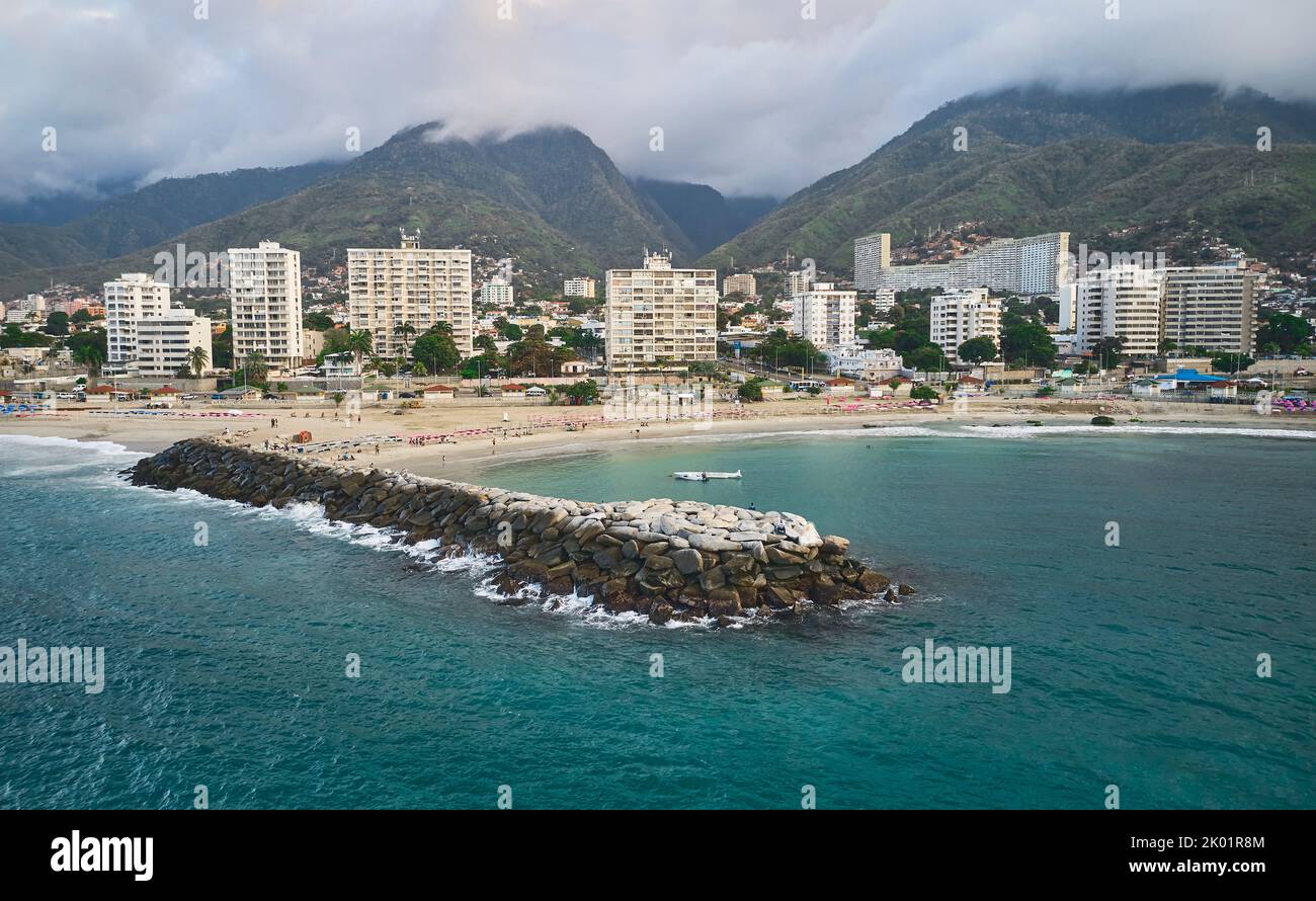 Aerial view picturesque public beach with turquoise water. Los Corales, La Guaira, Venezuela Stock Photo