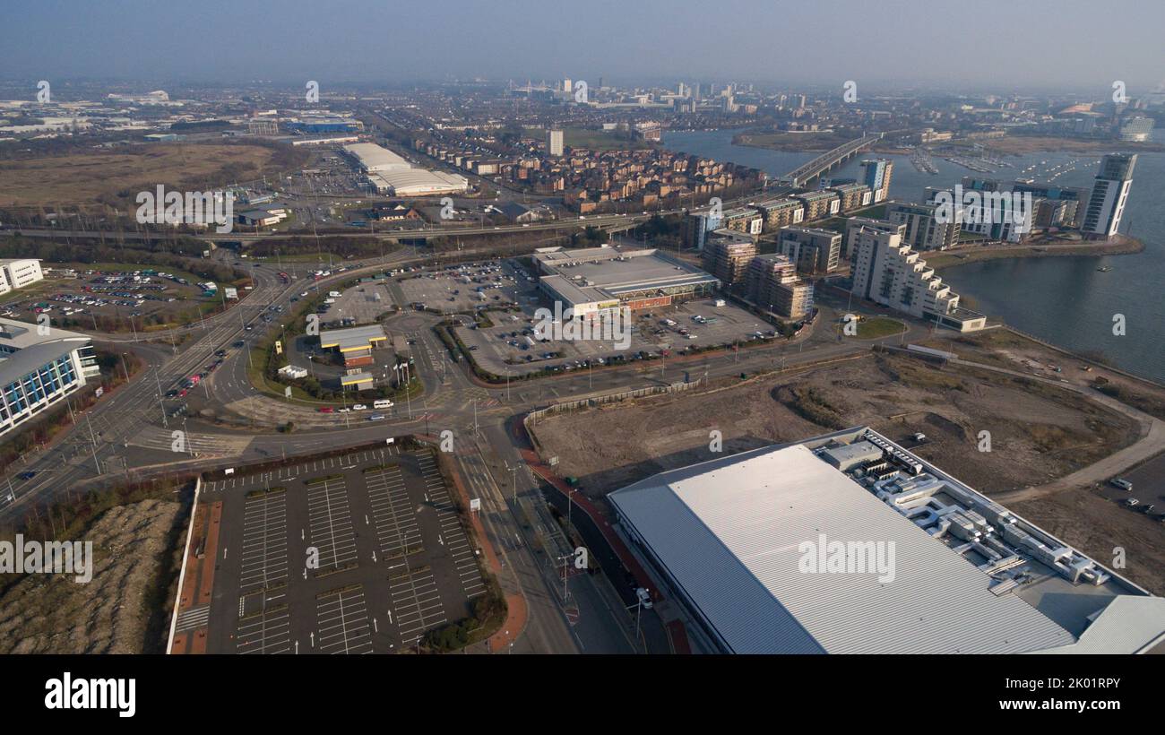 Aerial views of Cardiff Bay including The Vindico Arena, Cardiff International Pool and Cardiff Bay Stock Photo