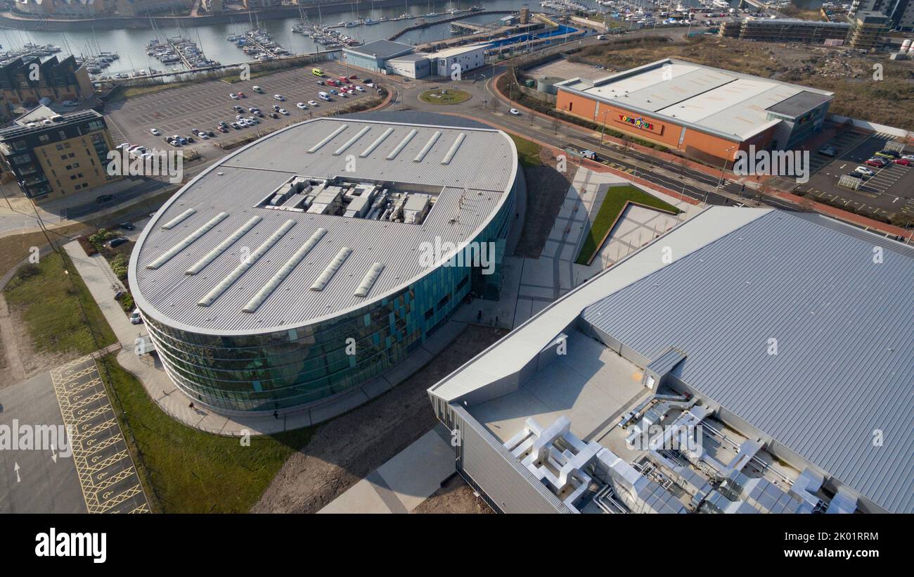 Aerial Rooftop views of Cardiff's IAW and Cardiff International Pool