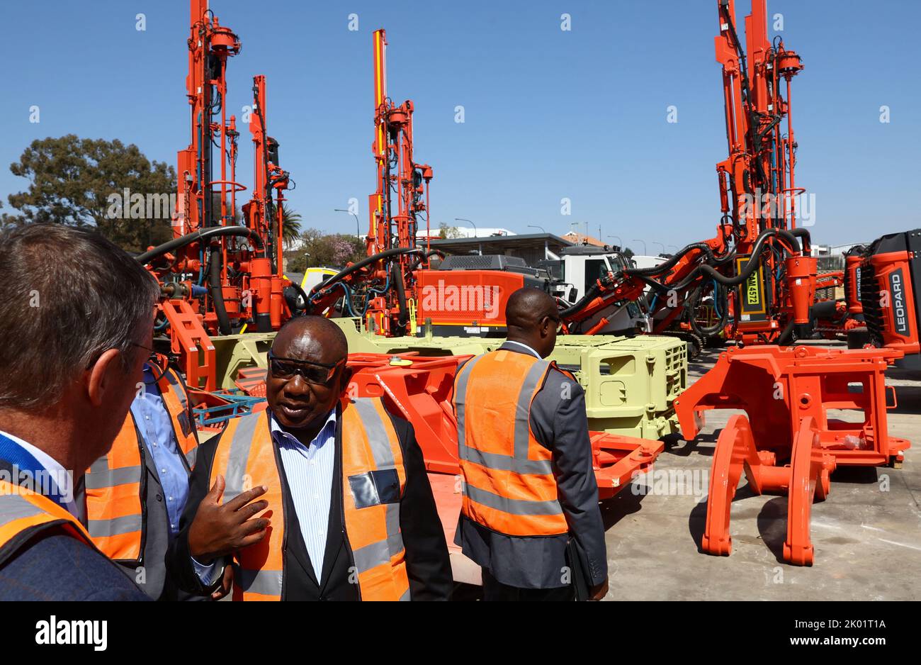 South Africa's President Cyril Ramaphosa gestures during the launch of the new Sandvik Khomanani manufacturing site, at Khomanani, in Kempton Park, Johannesburg, South Africa September 9, 2022. REUTERS/Siphiwe Sibeko Stock Photo