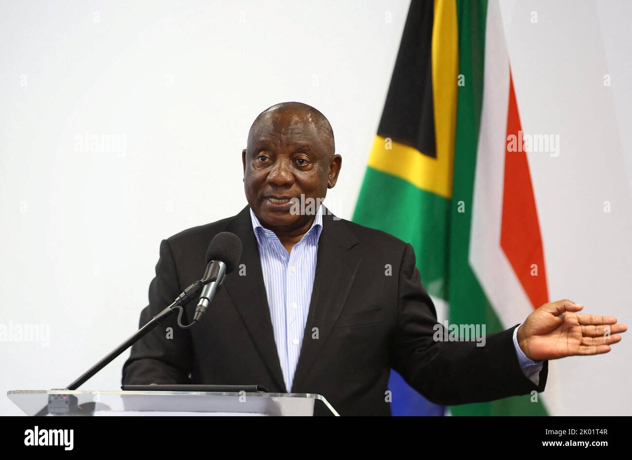 South Africa's President Cyril Ramaphosa speaks during the launch of the new Sandvik Khomanani manufacturing site, at Khomanani, in Kempton Park, Johannesburg, South Africa September 9, 2022. REUTERS/Siphiwe Sibeko Stock Photo
