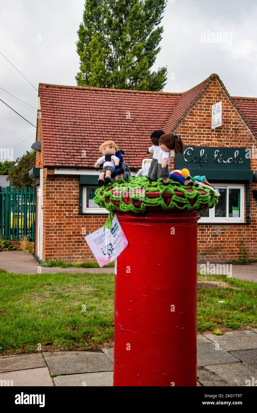 A crocheted 'Post box topper' near Marlborough park special school,. Sidcup Stock Photo Alamy