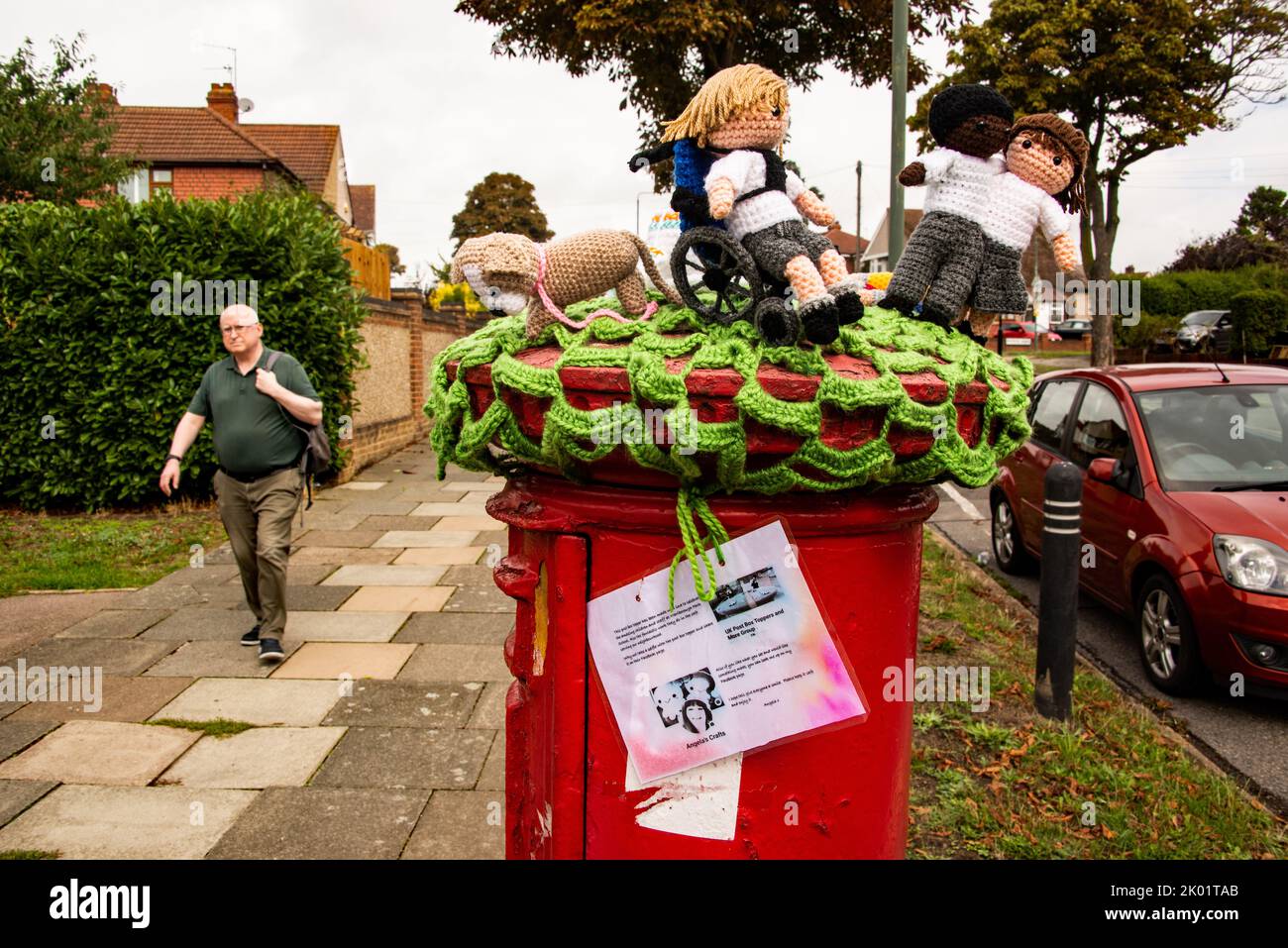 A crocheted 'Post box topper' near Marlborough park special school,. Sidcup Stock Photo Alamy