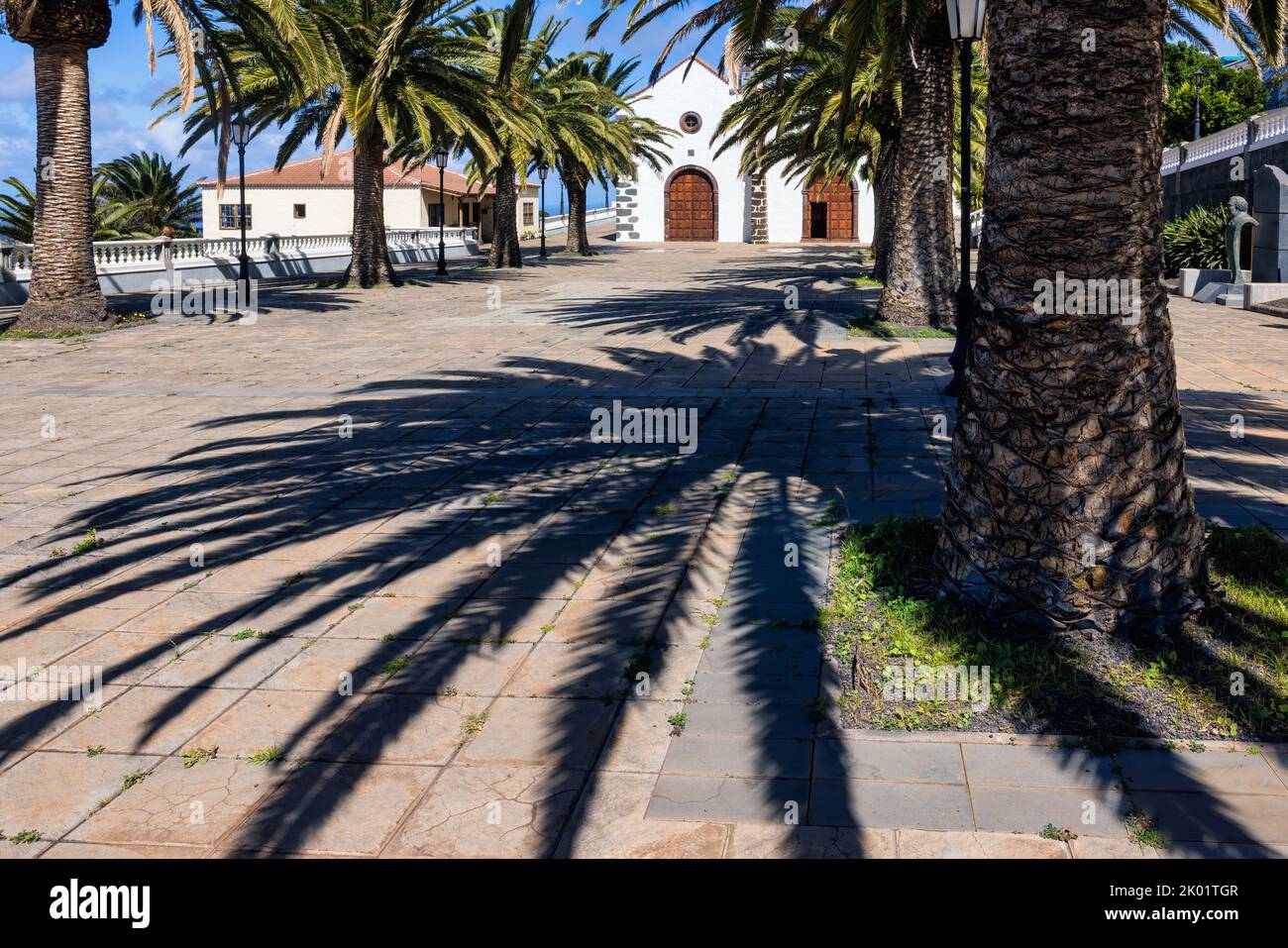 Village green with Palms and shadows at Garafia, La Palma, Canary Islands Spain Stock Photo