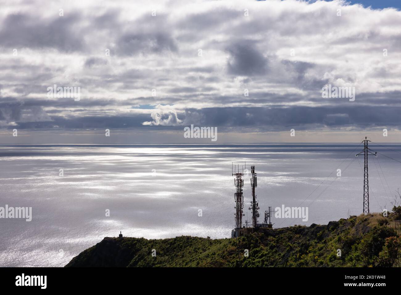 Coast La Palma, Canary Islands, seascape with silhouette of telephone transmission towers Stock Photo
